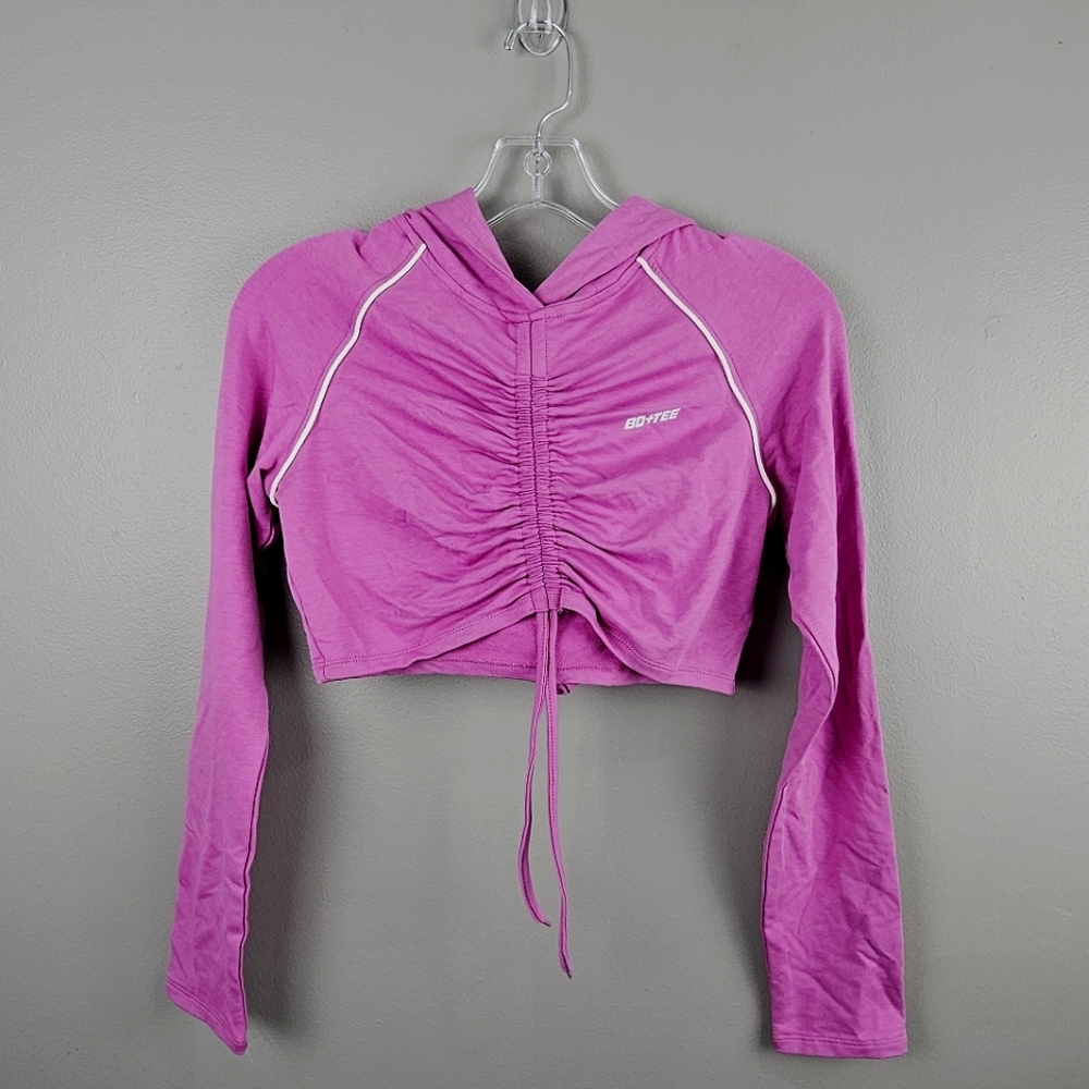 Bo + tee pink cropped ruched hoodie